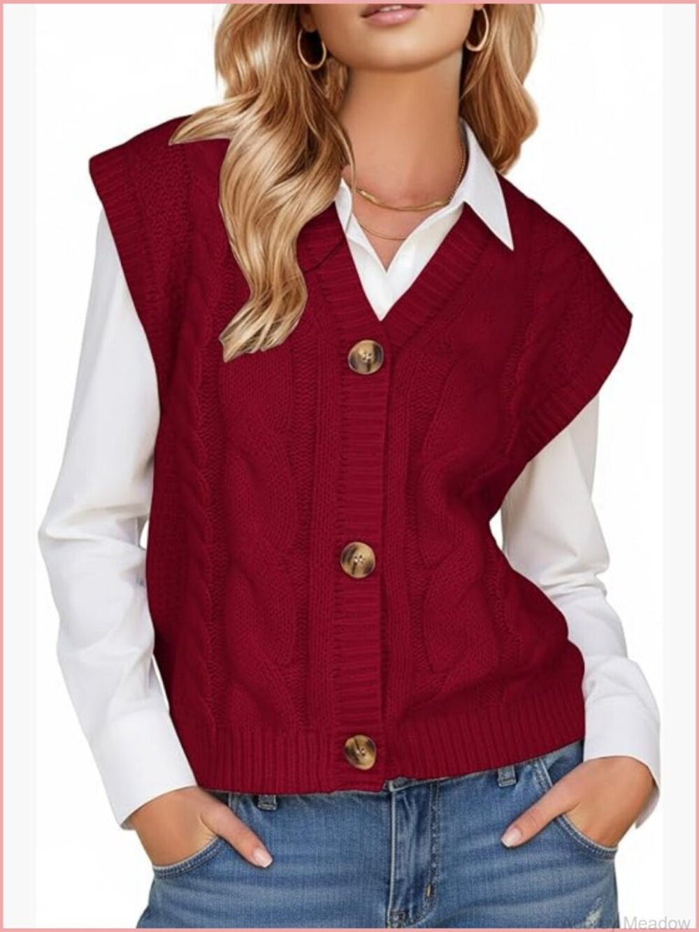 Sleeveless V Neck Chunky Cable Knit Cardigan Sweater Vest